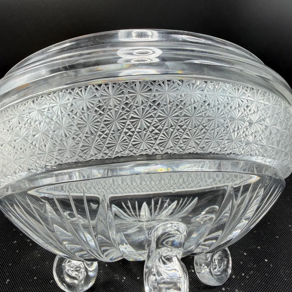 Signed Heavy Clear Crystal‎ Footed Bowl Etched Starburst Pattern Vintage Decor
